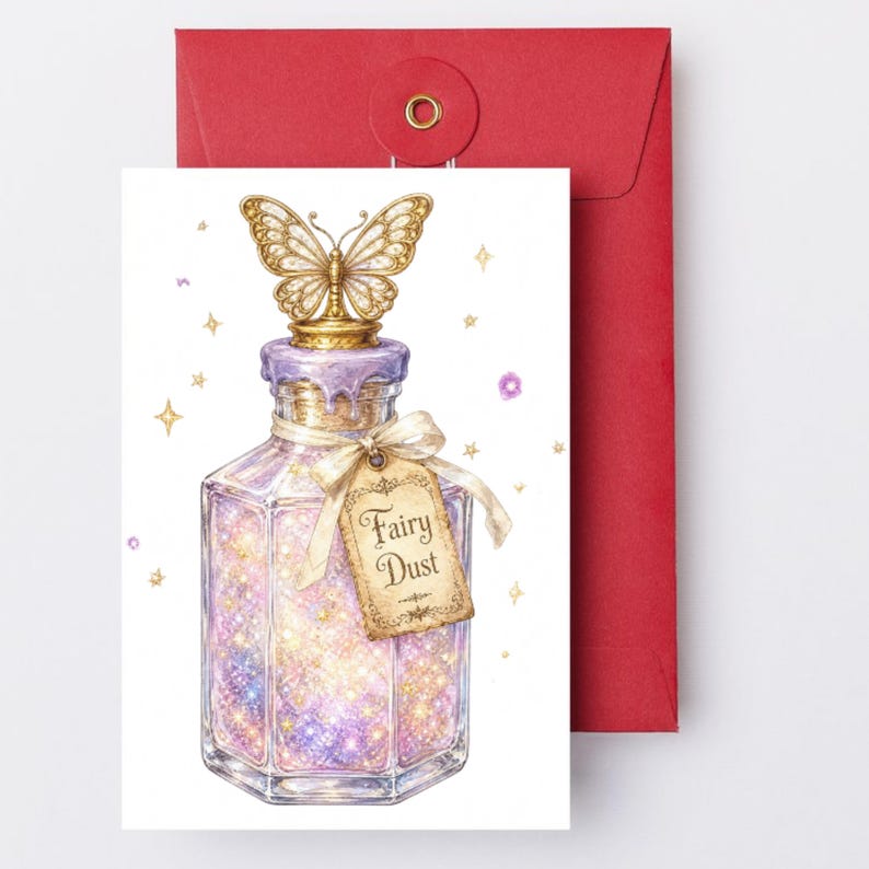 May include: A greeting card featuring a rectangular glass bottle filled with sparkling purple and gold glitter. The bottle has a gold butterfly stopper, a light purple wax seal, and a beige tag tied with a ribbon that reads Fairy Dust.