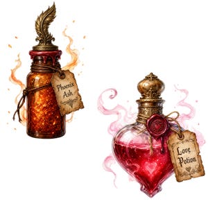 May include: Two glass bottles with ornate stoppers. The left bottle is cylindrical, filled with glowing orange embers, and labeled Phoenix Ash. The right bottle is heart-shaped, filled with translucent red liquid, and labeled Love Potion.