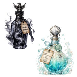 May include: Two glass bottles. The left bottle is dark gray with a raven stopper and a tag labeled Shadow Essence. The right bottle is turquoise and white with a seashell stopper, a wax seal, and a tag labeled Mermaid Tears with pearls.