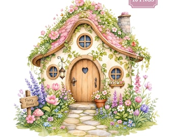 Fairy House Clipart Bundle, 10 Watercolor Enchanted Cottage PNGs, Whimsical Woodland Doors, Sublimation Art, Instant Digital Download