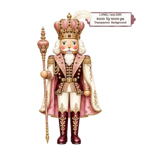 Puede incluir: Una figura de cascanueces con una corona rosa y dorada con una pluma blanca, un uniforme granate y rosa con adornos dorados y una capa blanca. La figura sostiene un cetro alto rosa y dorado. Texto: 1 PNG / 300 DPI 5000 by 5000 px Transparent Background.