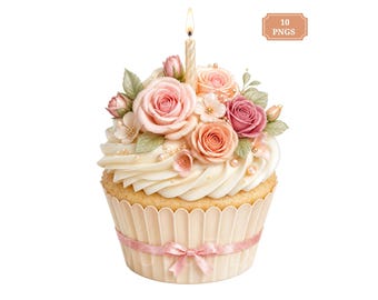 Birthday Cupcake Clipart Bundle, 10 Pastel Dessert PNGs, Invitation Graphics, Sublimation Design, Digital Download