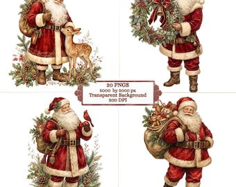May include: A digital collection of four Santa Claus illustrations featuring a red and white suit, a long white beard, and various holiday elements like a deer, a wreath, a cardinal bird, and a sack of toys, with text stating 20 PNGS 5000 by 5000 px.