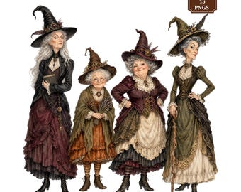 May include: A digital illustration featuring four distinct figures wearing pointed hats and layered Victorian-style clothing in shades of black, burgundy, olive green, and cream. A small brown sign in the upper right corner displays the text 15 PNGS.