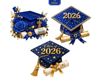 Royal Blue Graduation Clipart Bundle, 13 Class of 2026 PNGs, Gold Caps Diplomas Sublimation Designs, Instant Download