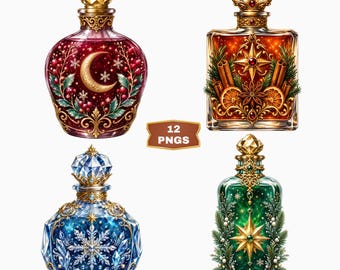 May include: Four decorative glass bottles with ornate gold stoppers and intricate detailing. The bottles feature festive designs including a crescent moon, star, snowflake, and cinnamon sticks. A central brown label displays the text 12 PNGS.