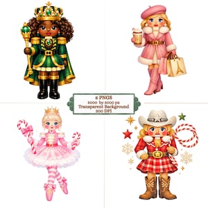 Può includere: Una collezione digitale di quattro personaggi illustrati che include uno schiaccianoci in uniforme verde, una persona con cappotto rosa e borse della spesa, una ballerina in tutù rosa con bastoncini di zucchero e uno schiaccianoci cowboy a quadri.