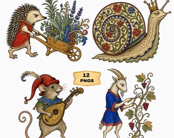 Medieval Marginalia Clipart Bundle, 12 Transparent Garden Creature PNGs, Illuminated Manuscript Animals
