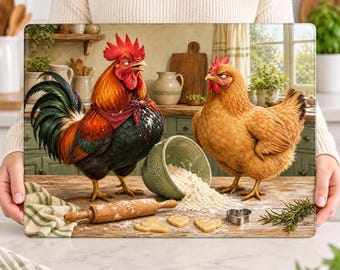 Cutting Board PNG, Funny Rooster and Hen, Farmhouse Kitchen Sublimation Design, Chicken Baking Scene, 2 Sizes, Digital Download
