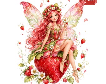 Strawberry Fairy Clipart Bundle, 8 Watercolor PNGs, Summer Fruit Fairies and Garden Fantasy Art
