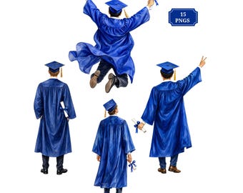 Male Graduate Clipart Bundle, 15 Royal Blue Graduation Gown PNGs, Watercolor Graduation Poses, Sublimation Designs, Digital Download