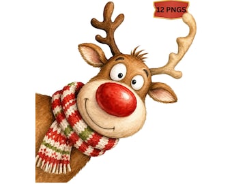 Funny Christmas Clipart Bundle, 12 Watercolor Holiday PNGs, Gingerbread Santa Reindeer Animal Graphics