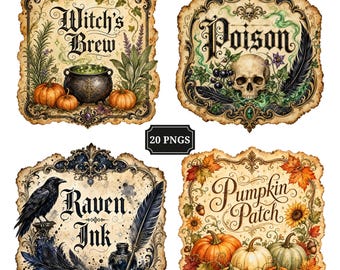 Vintage Halloween Apothecary Labels Clipart Bundle, 20 Watercolor Potion and Witch Label PNGs