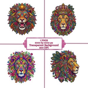 May include: Four digital illustrations of lion heads featuring intricate, colorful patterns, floral elements, and peacock feathers. A central text box reads: 7 PNGS, 5000 by 5000 px, Transparent Background, 300 DPI. The lions display various expressions.