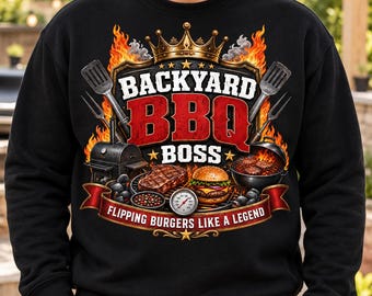 Backyard BBQ Boss PNG, Grilling Shirt Graphic with Crown Flames and Burgers, Cookout Gift Sublimation Design, Instant Download