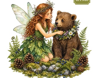 Forest Fairy Clipart Bundle, 12 Watercolor PNGs with Woodland Animals for Fantasy Journals and Crafts