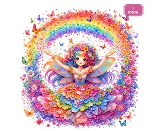 Rainbow Fairy Clipart, 7 Colorful PNGs with Flowers & Butterflies, Fantasy Fairycore Bundle