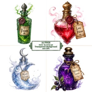 May include: Four digital illustrations of glass potion bottles. One green bottle labeled Poison, one heart-shaped red bottle labeled Love Potion, one crescent moon-shaped blue bottle labeled Moon Elixir, and one purple bottle labeled Nightshade Essence.