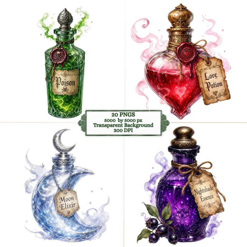 May include: Four digital illustrations of glass potion bottles. One green bottle labeled Poison, one heart-shaped red bottle labeled Love Potion, one crescent moon-shaped blue bottle labeled Moon Elixir, and one purple bottle labeled Nightshade Essence.