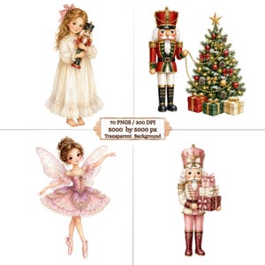 Puede incluir: Una colección digital de 70 archivos PNG con ilustraciones de una niña con vestido blanco sosteniendo un cascanueces, un cascanueces con árbol de Navidad y regalos, un hada con tutú rosa y un cascanueces con regalos, en 300 DPI.