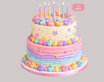 May include: A two-tiered cake with pastel frosting, decorated with colorful piped swirls, star-shaped sprinkles, and six lit candles on top. The bottom tier features wavy horizontal stripes in pink, blue, and yellow. Text reads 10 PNGS.