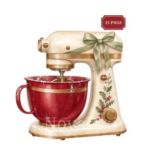Op de afbeelding: Een crèmekleurige keukenmixer met een dieprode mengkom, versierd met een saliegroene strik en een hulst-illustratie. De mixer is voorzien van een goudkleurige bedieningsknop en afwerking, met de tekst 15 PNGS in een rood kader.