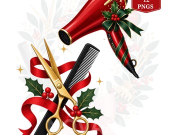 Christmas Hairstylist Clipart, Hair Salon PNG Bundle, Festive Hairdresser Tools, Holiday Beauty Digital Download