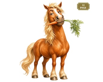 May include: A brown horse with a long blonde mane and tail, standing and holding an orange carrot with green leafy tops in its mouth. A small rectangular badge in the upper right corner displays the text 12 PNGS in gold lettering.