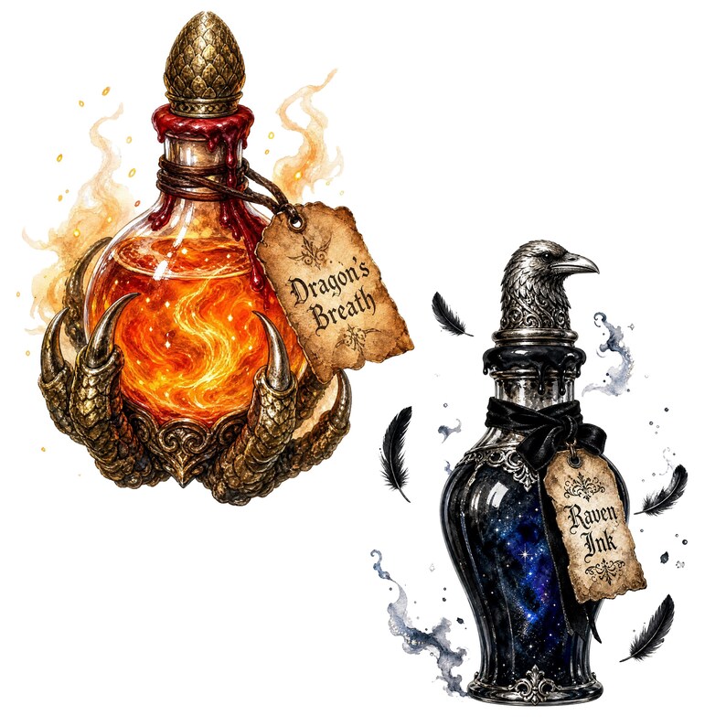 May include: Two glass bottles. The left bottle contains orange liquid, is held by a gold dragon claw, has a scale-patterned stopper, and a tag reading Dragon's Breath. The right bottle is black with a raven head stopper and a tag reading Raven Ink.