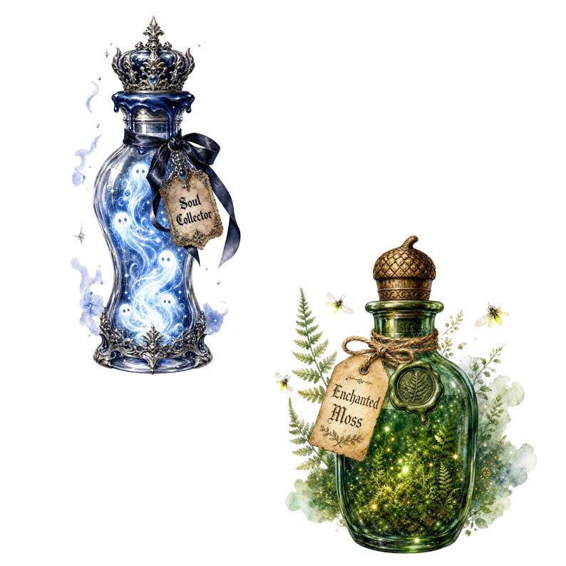 May include: Two glass bottles. The left bottle is blue with a crown stopper, containing glowing white spirits, labeled Soul Collector with a black ribbon. The right bottle is green with an acorn stopper, containing moss, labeled Enchanted Moss.