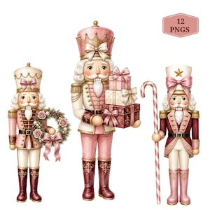 Clipart dello Schiaccianoci Rosa, Pacchetto PNG di Natale Coquette, Download digitale del Soldatino delle Feste ad Acquerello