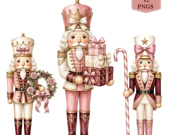Pink Nutcracker Clipart, Coquette Christmas PNG Bundle, Watercolor Holiday Soldier Digital Download