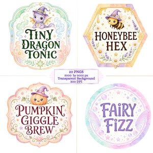 Puede incluir: Cuatro etiquetas decorativas con ilustraciones de un dragón morado, una abeja, una calabaza y alas de hada. El texto incluye Tiny Dragon Tonic, Honeybee Hex, Pumpkin Giggle Brew y Fairy Fizz. Un recuadro central indica 20 PNGs 5000 por 5000 px.
