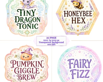 May include: Four decorative labels featuring illustrations of a purple dragon, a bee, a pumpkin, and fairy wings. Text includes Tiny Dragon Tonic, Honeybee Hex, Pumpkin Giggle Brew, and Fairy Fizz. A central box states 20 PNGs 5000 by 5000 px.