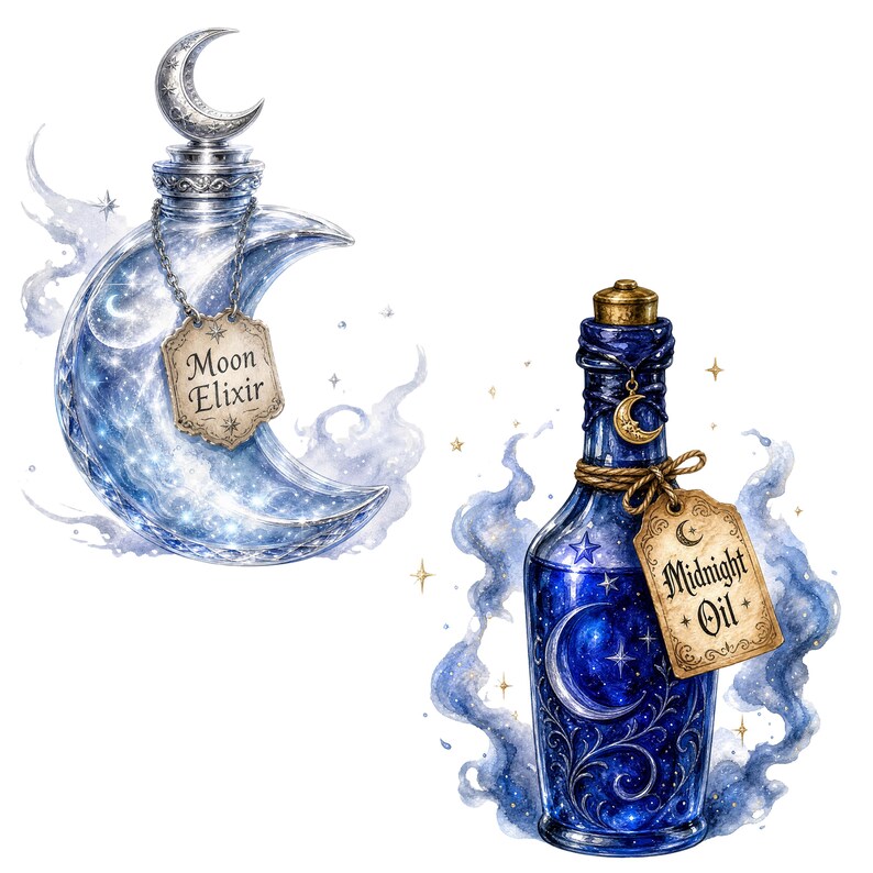 May include: A crescent moon-shaped glass bottle labeled Moon Elixir with a silver crescent moon stopper and a dark blue glass bottle labeled Midnight Oil with a gold stopper, both surrounded by swirling blue mist and small golden stars.