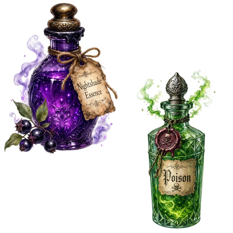 May include: Two glass bottles with stoppers. The left bottle is purple with a tag labeled Nightshade Essence and dark berries. The right bottle is green with a tag labeled Poison, a skull wax seal, and green vapor emitting from the top.