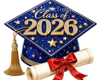 May include: A blue glittery graduation cap featuring the gold text Class of 2026, accented with gold stars and a gold tassel. Beside the cap sits a rolled diploma tied with a vibrant red ribbon, creating a celebratory academic ensemble.