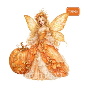 Pumpkin Fairy Clipart Bundle, 7 Watercolor Autumn Fairy PNGs, Fall Fantasy Graphics for Halloween Crafts and Sublimation