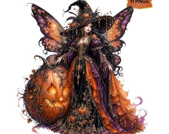 Halloween Witch Fairy Clipart Bundle, 11 Gothic Pumpkin Fairy PNGs, Dark Fantasy Witchcore Graphics