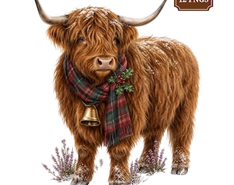 May include: A brown Highland cow with long horns, wearing a red and green plaid scarf with a gold bell and a holly sprig. The cow has snow on its fur and stands near small purple flowers. A brown rectangular label in the corner reads 12 PNGS.