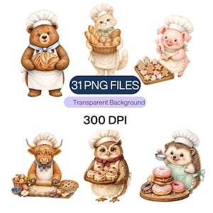 Può includere: Una collezione digitale di 31 file PNG con illustrazioni ad acquerello di animali tra cui un orso, un gatto, un maiale, una mucca, un gufo e un riccio che indossano cappelli da chef e grembiuli mentre preparano pane, biscotti e dolci.