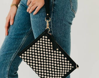 Ruth Woven Crossbody and Clutch Bag: Woven Checkered Black