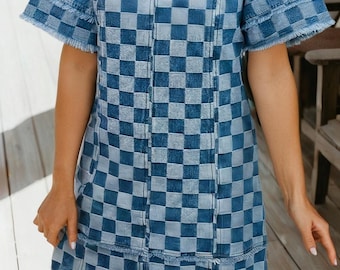 Checked out Frayed Hem Checkered Denim Mini Dress