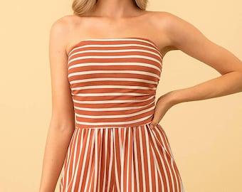 Ice in the glass: Stripe Tube Romper Terracotta/White