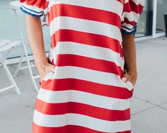 Celebration Stripe Round Neck Short Puff Sleeve Dress