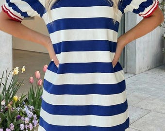 Celebration Puff Sleeve Shift Dress: Blue