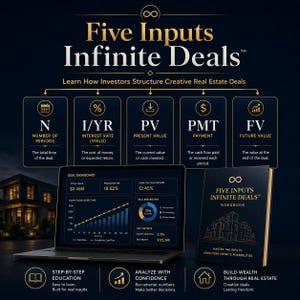 May include: An image promoting "Five Inputs Infinite Deals" for real estate investment. It features a laptop displaying financial data, a workbook, and icons representing key financial concepts like interest rate and present value. The text includes "Learn How Investors Structure Creative Real Estate Deals."