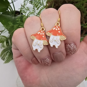 Adorable Mushroom Earrings, Enamel Fungus Jewelry, Cute Mushroom and Bear Earrings