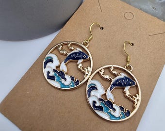 Blue Koi Fish Earrings, Enamel Dangle Earrings, Japanese Inspired Jewelry