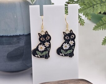 Black Cat with Daisies Dangle Earrings